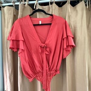 Free People Pink Flutter Sleeve Blouse with Tie Front Bodysuit